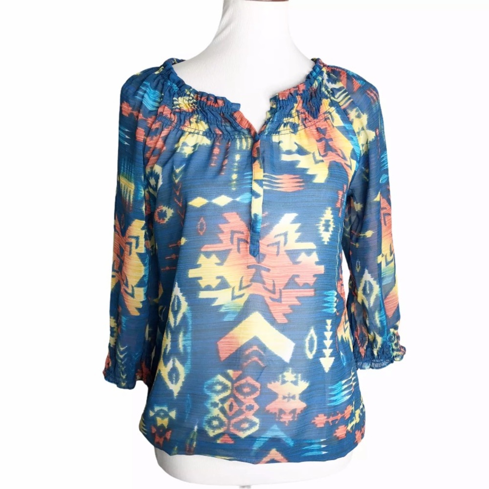 Chicos Sheer Aztec Blouse 00(XS) Blue Multicolor